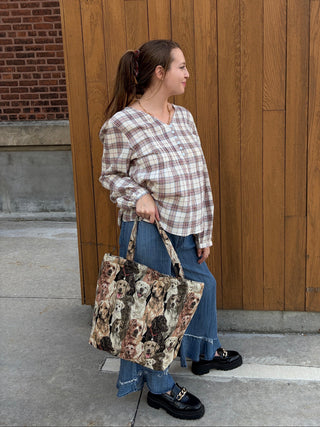 CRINKLE PLAID PIN TUCK TOP
