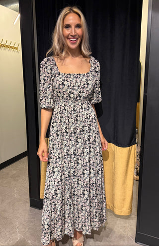 REVERSIBLE BODICE FLORAL MAXI DRESS