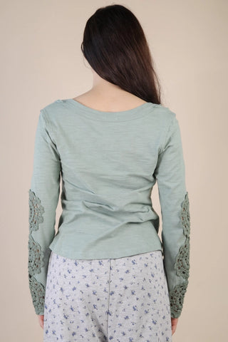 CROCHET LACE TRIM LONG SLEEVE TOP