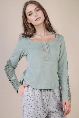 CROCHET LACE TRIM LONG SLEEVE TOP