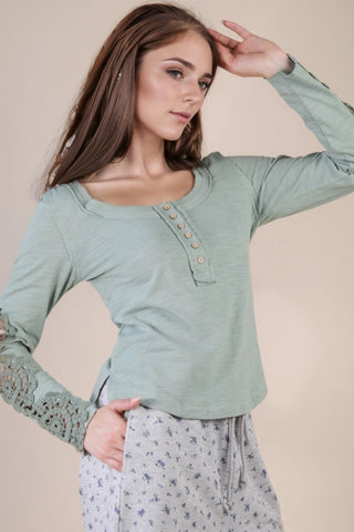 CROCHET LACE TRIM LONG SLEEVE TOP