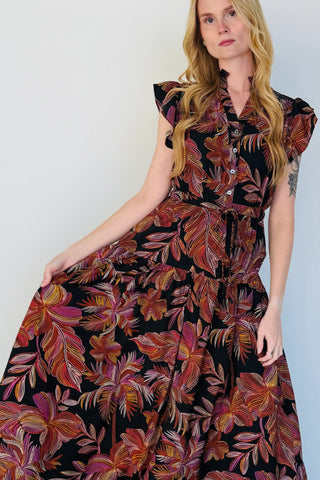 RUFFLE SLEEVE PRINTED FALL MAXI DRESS