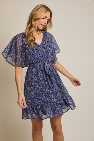 FLORAL V-NECK DRESS WITH RUFFLE SLEEVES