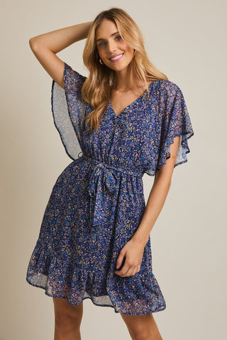 FLORAL V-NECK DRESS WITH RUFFLE SLEEVES