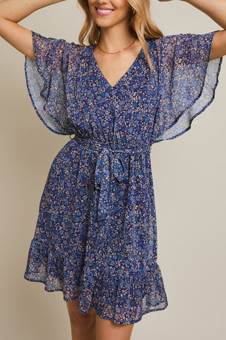 FLORAL V-NECK DRESS WITH RUFFLE SLEEVES