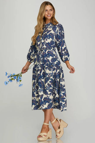 WOVEN PRINTED MIDI DRESS WITH WAIST TIE