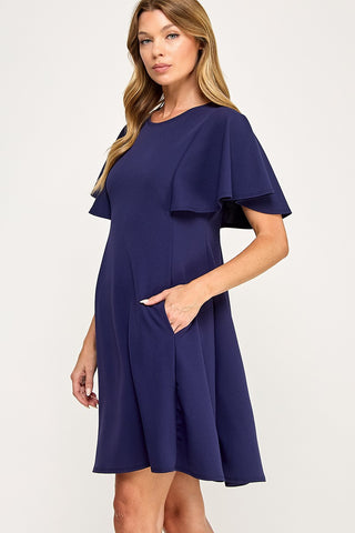 NAVY SWING DRESS WITH FLUTTER SLEEVES