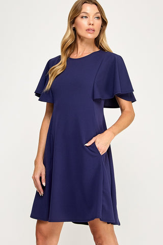NAVY SWING DRESS WITH FLUTTER SLEEVES