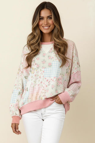 COLOR BLOCK FLORAL PATCHWORK SOFT PULLOVER