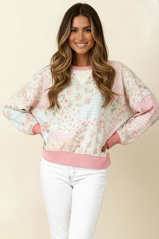 COLOR BLOCK FLORAL PATCHWORK SOFT PULLOVER