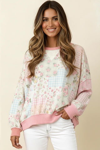 COLOR BLOCK FLORAL PATCHWORK SOFT PULLOVER