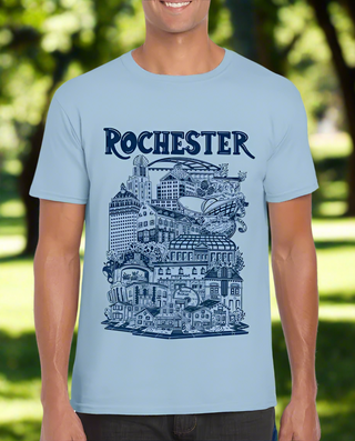 Person wearing a light blue t-shirt with 'Rochester' graphic design.