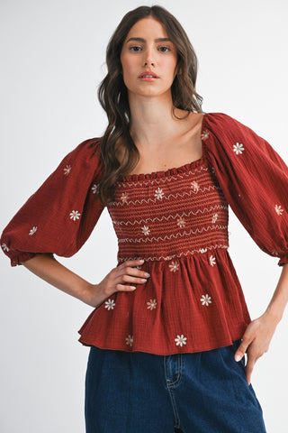 FLORAL EMBROIDERED SMOCKED TOP