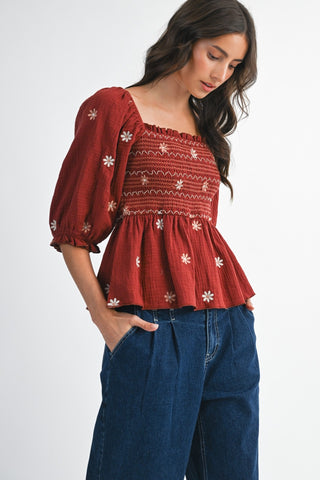 FLORAL EMBROIDERED SMOCKED TOP
