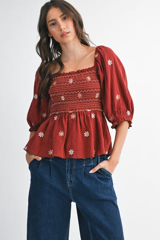 FLORAL EMBROIDERED SMOCKED TOP