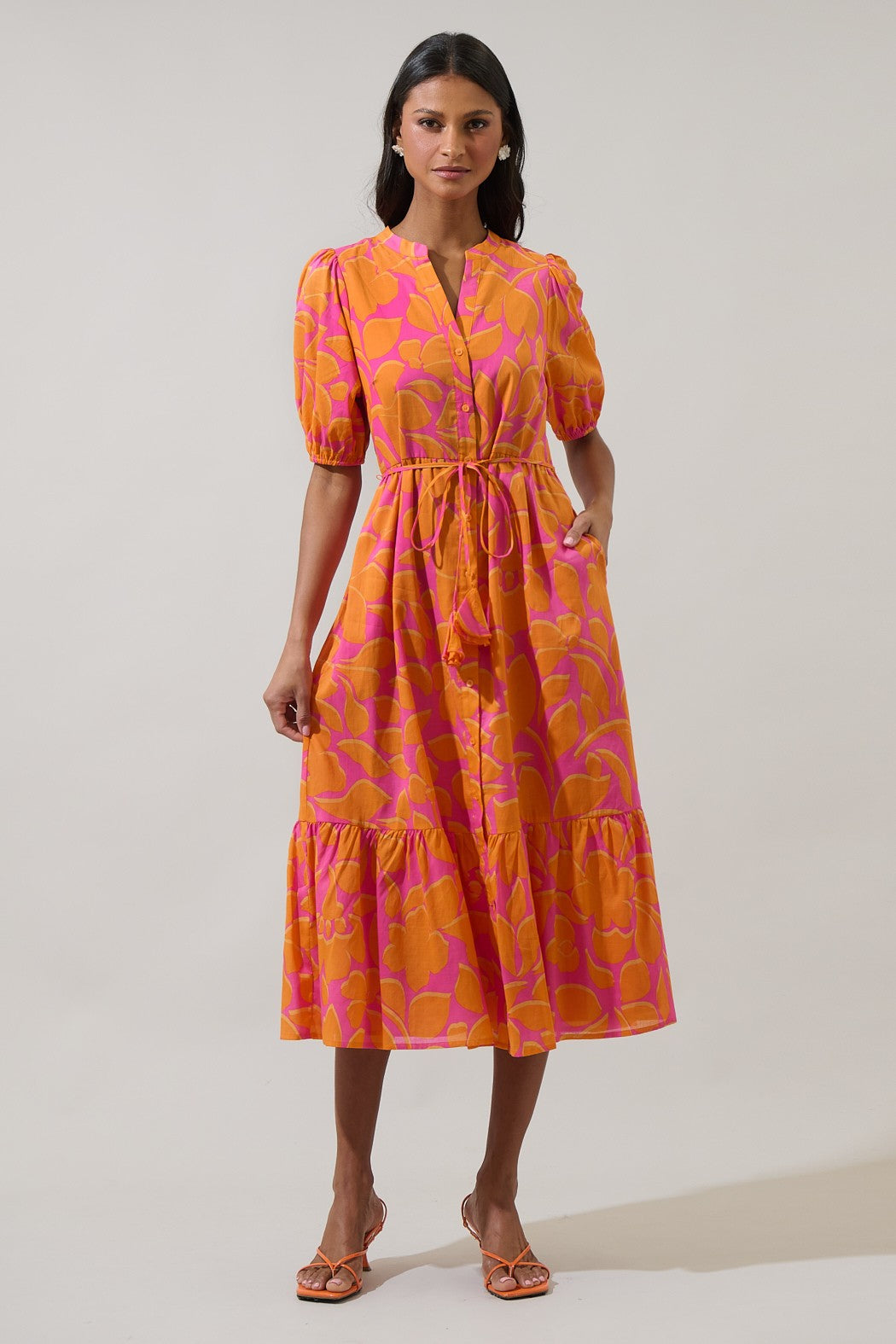 button down midi dress with pockets FLORAL BUTTON-DOWN MIDI DRESS W/PUFF SLEEVES X-Large