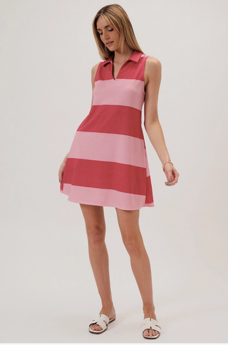 COLLARED SPLIT NECK STRIPED MINI DRESS
