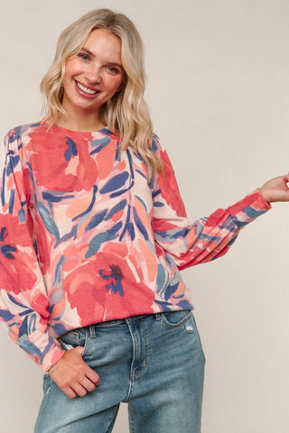 ROUND NECK PAINTERLY FLORAL HACCI KNIT TOP
