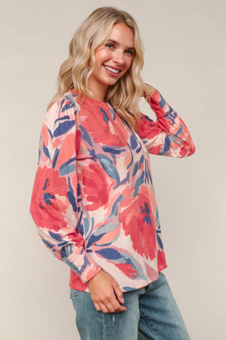 ROUND NECK PAINTERLY FLORAL HACCI KNIT TOP