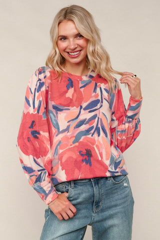 ROUND NECK PAINTERLY FLORAL HACCI KNIT TOP