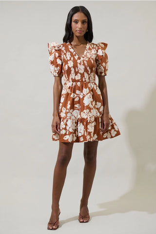 RUST FALL FLORAL MINI DRESS