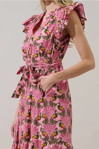 RUFFLE MIDI PEACOCK DRESS
