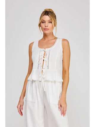 3 TIE LACE DETAIL PEPLUM LINEN TANK