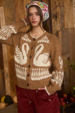 SWAN JACQUARD BUTTON DOWN CARDIGAN