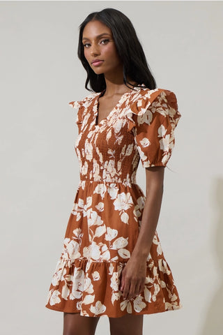 RUST FALL FLORAL MINI DRESS