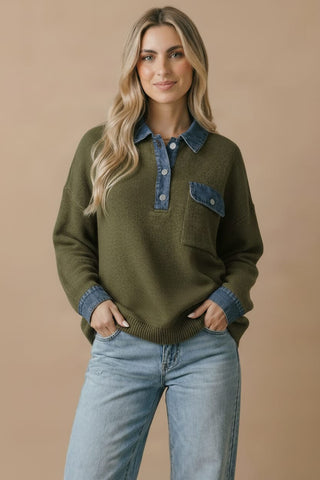 DENIM COLLAR PULLOVER TOP