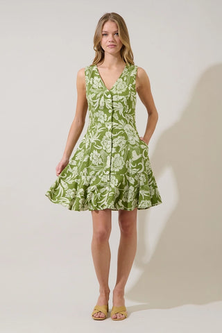 OLIVE FLORAL BUTTON DOWN MINI DRESS