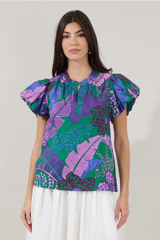 KIARA SPLIT NECK TROPICAL PRINT TOP