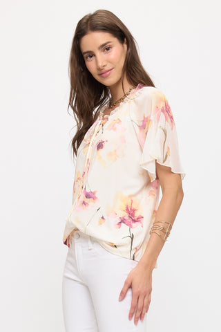 FLORAL MIXED MEDIA FLUTTER PEASANT TOP