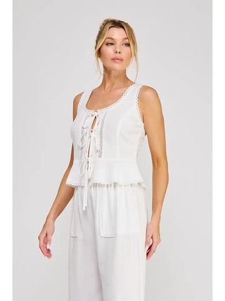 3 TIE LACE DETAIL PEPLUM LINEN TANK