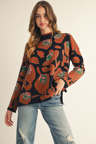 DROP SHOULDER LARGE FLORAL PATTERN SWEATER