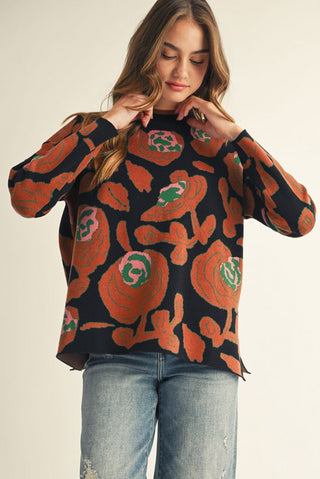 DROP SHOULDER LARGE FLORAL PATTERN SWEATER