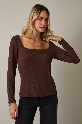 SQUARE NECK LONG SLEEVE METALLIC TOP