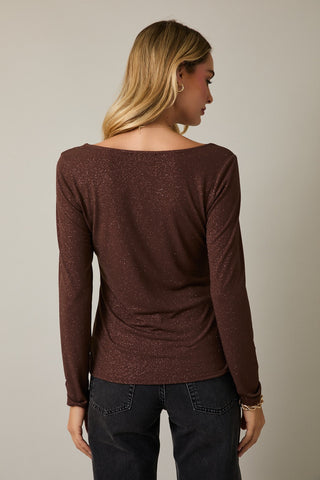 SQUARE NECK LONG SLEEVE METALLIC TOP