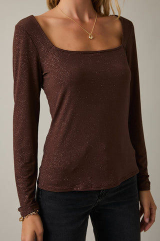 SQUARE NECK LONG SLEEVE METALLIC TOP