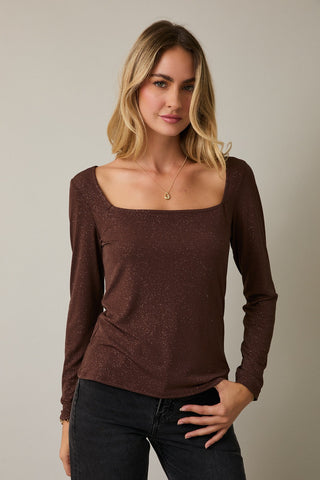 SQUARE NECK LONG SLEEVE METALLIC TOP