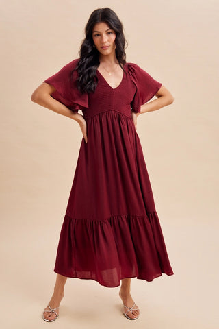 SMOCKED V NECK MERLOT RED MIDI DRESS