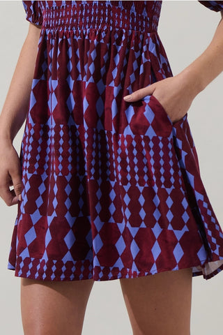 BURGUNDY BLUE GEOMETRIC PRINT SMOCKED DRESS