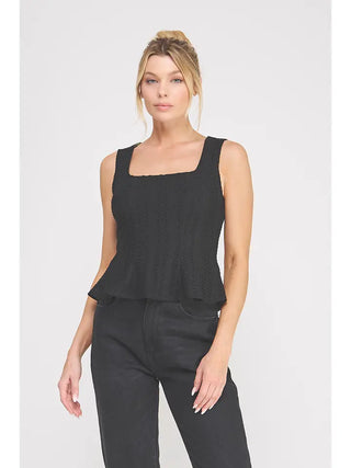 POINTELLE KNIT SQUARE NECK PEPLUM TANK