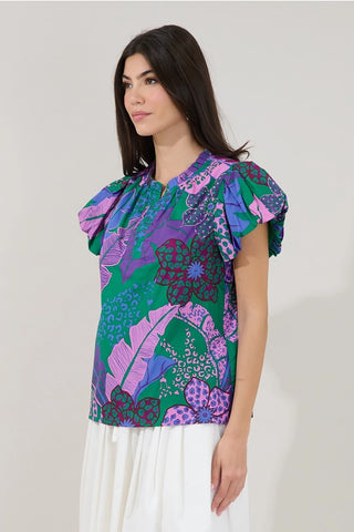 KIARA SPLIT NECK TROPICAL PRINT TOP