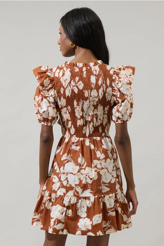 RUST FALL FLORAL MINI DRESS