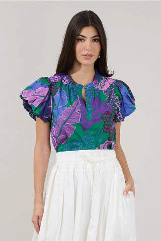 KIARA SPLIT NECK TROPICAL PRINT TOP