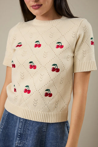 CHERRY EMBROIDERED CROPPED SWEATER