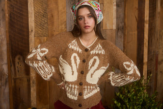 SWAN JACQUARD BUTTON DOWN CARDIGAN
