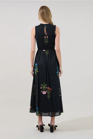 BLACK FLORAL PRINT SMOCKED MAXI DRESS