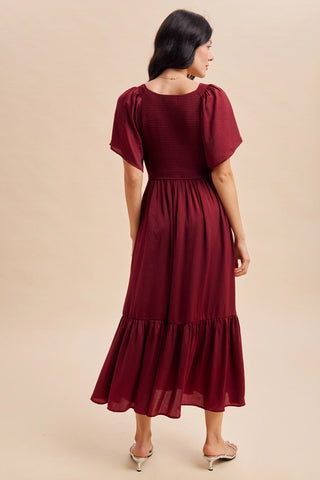 SMOCKED V NECK MERLOT RED MIDI DRESS